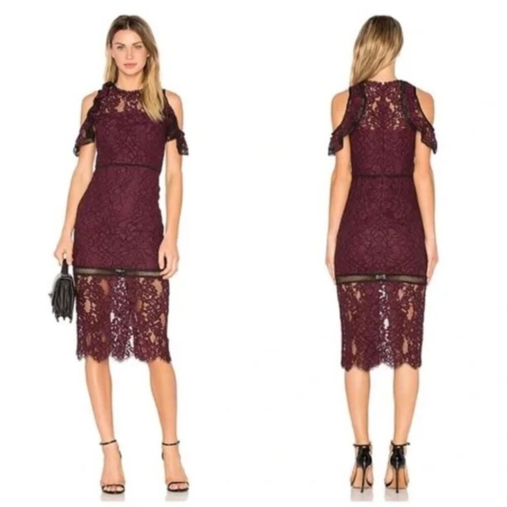 Alexis Evie Burgundy Red Lace Dress Midi Size M Off Shoulder